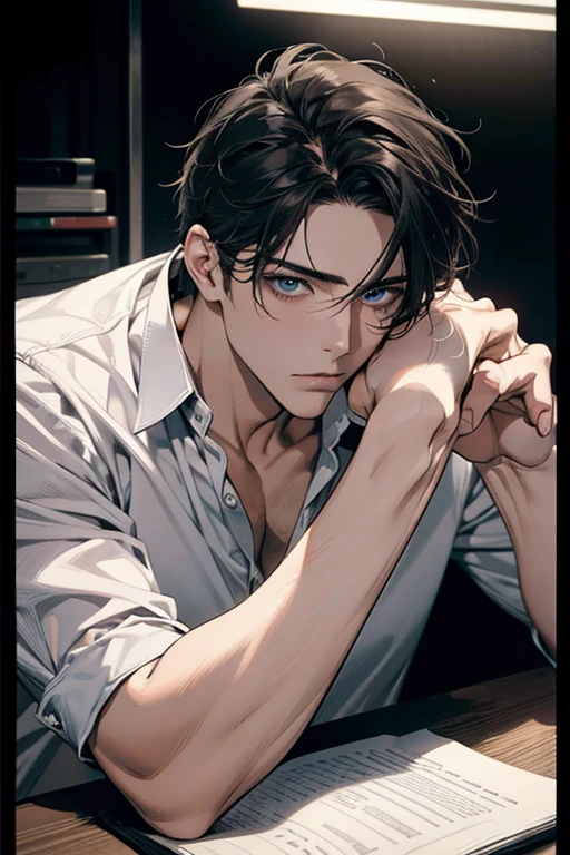 (Best Quality,4k,8k,high resolution,Masterpiece:1.2),ultra detailed,(realist,photorealist,photo-realist:1.37),1 man,31 years,mature man,very handsome,without expresion,muscled body,short gray black hair,Blue eyes,glare,perfect face without mistakes,imposing posture,businessman,office background,cinematic lighting,imagen HDR