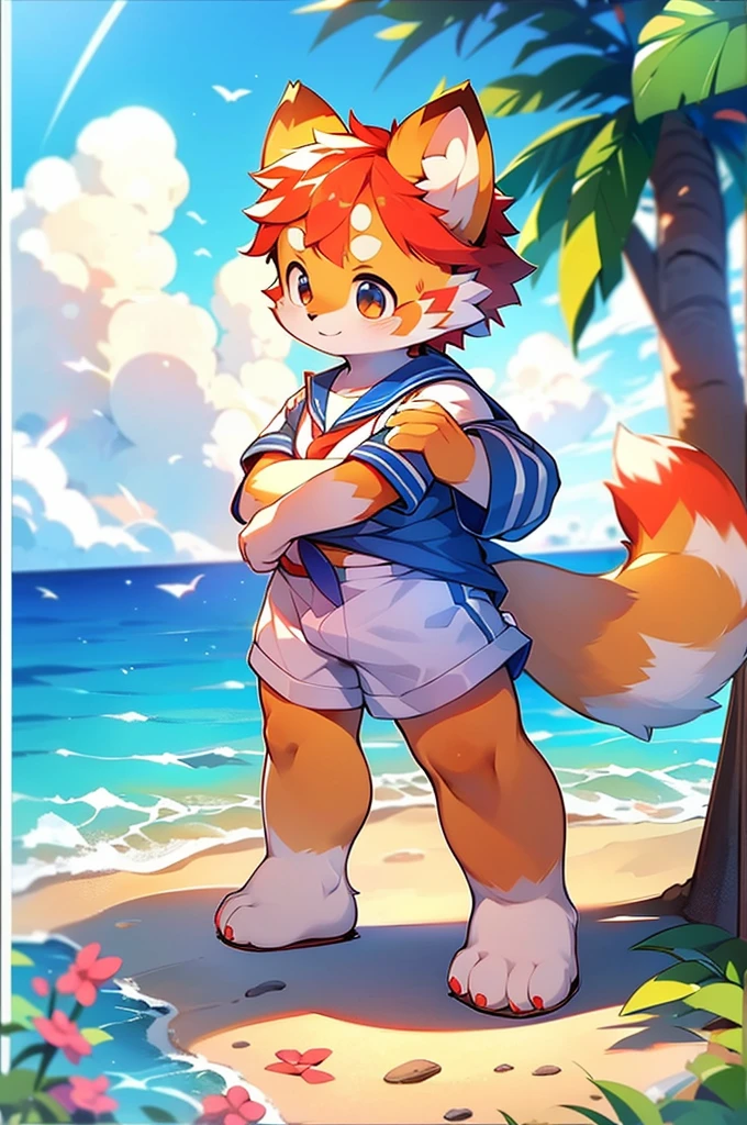 Red Panda Boy,8k resolution,Furry, Ocean,Sailor uniform,Red collar,Two legs,Stand on your feet!