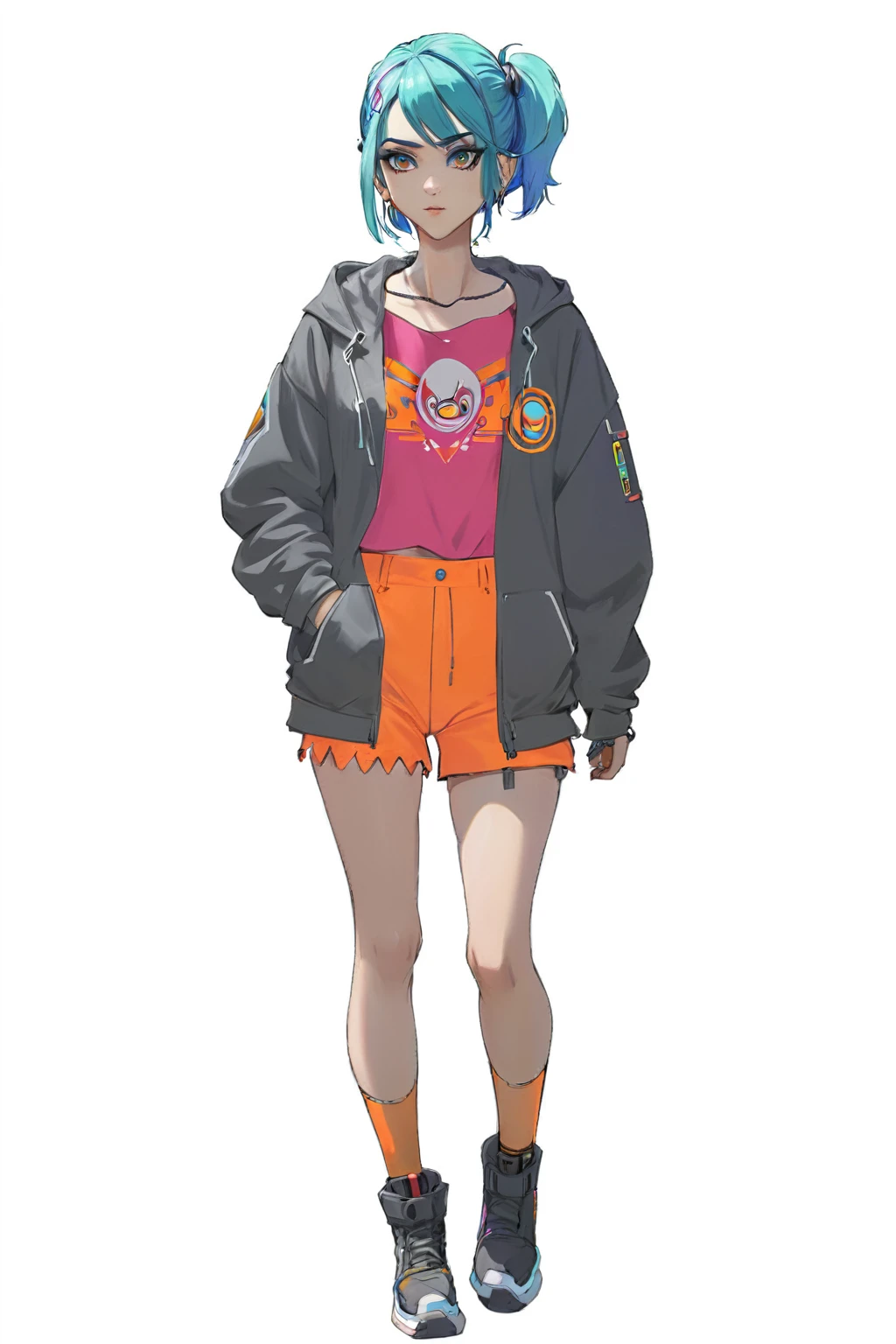 anime girl with blue hair and a pink shirt and orange shorts, cyberpunk anime girl in hoodie, anime style character, anime full body illustration, cyberpunk anime girl, style of jet set radio, modern anime style, full body portrait of a short!, female cyberpunk anime girl, she is wearing streetwear, urban girl fanart, made with anime painter studio, style anime