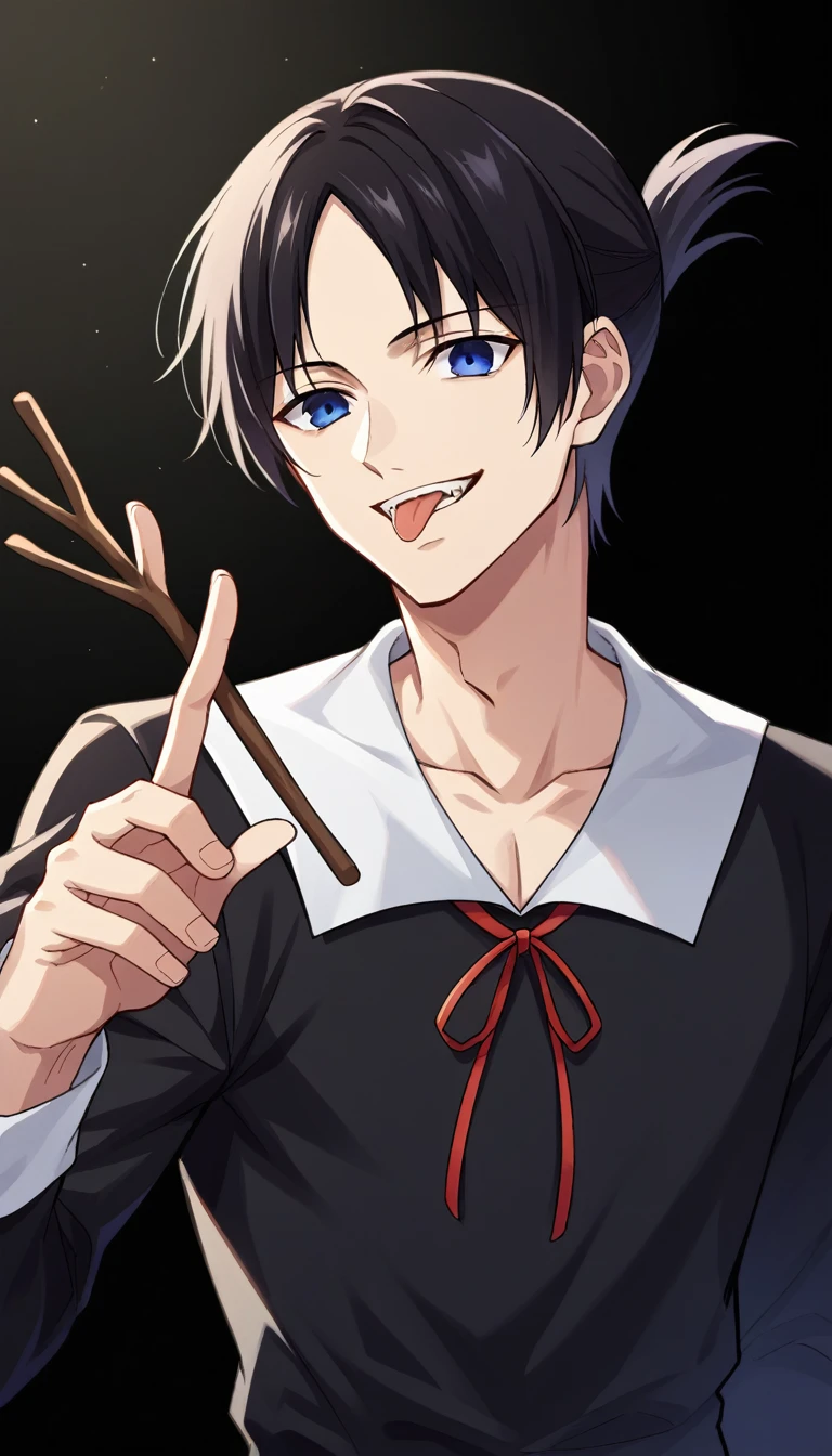 score_9, score_6_climb, source_anime, 1 man, alone, climbper body, Shinomiya Kaguya, conjunctivitis, black hair, black dress, Put your hand on your chin., Heart-shaped eyes, no pclimbils, smile softly, tooth, tsurime, black background , stick out your tongue, sexy, saliva, flirt, It has black wings., Hakama style kimono,Thondakar