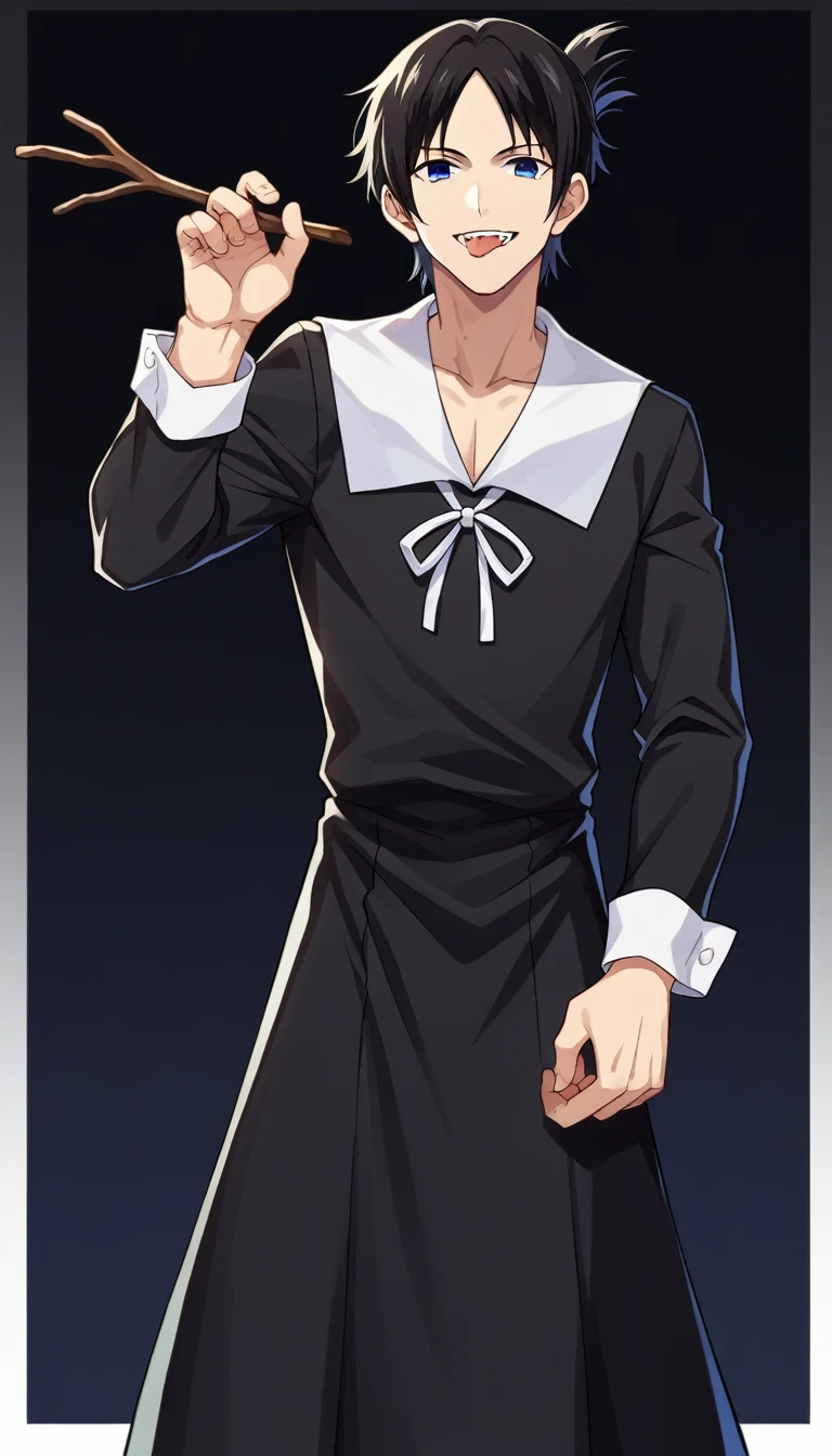 score_9, score_6_climb, source_anime, 1 man, alone, climbper body, Shinomiya Kaguya, blue eyes, black hair, black dress, white sailor collar,, Put your hand on your chin., no pclimbils, smile softly, tooth, tsurime, black background , stick out your tongue, , black shirt,full body,Vampire bites neck