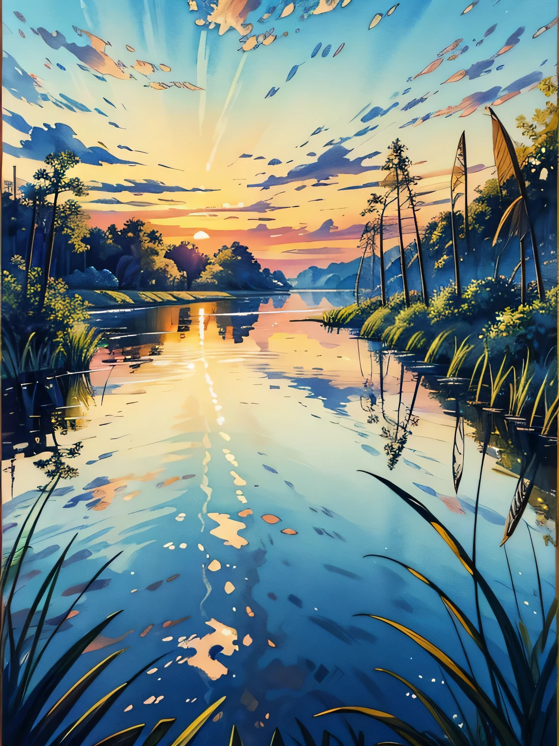 a painting of a sunset over a body of water, phragmites, vibrant gouache painting scenery, marsh vegetation, small reeds behind lake, flat water color texture, detailed gouache paintings, nature journal cover, reed on riverbank, tall grass, watercolor landscape, watercolor colored painting, landscape painting, scenery artwork, swamp landscape, watercolor painting style, scene from louisiana swamps