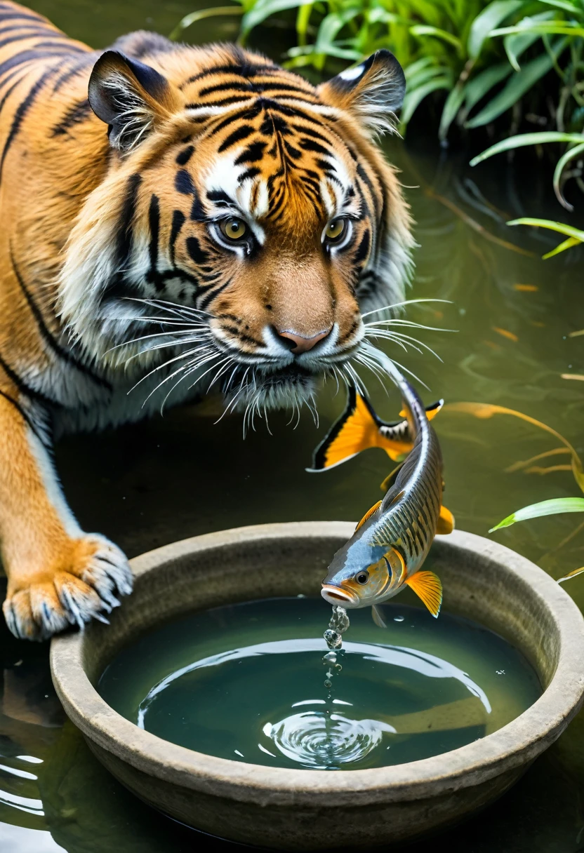 A tiger/fish，In the basin，Holding a basin in hand