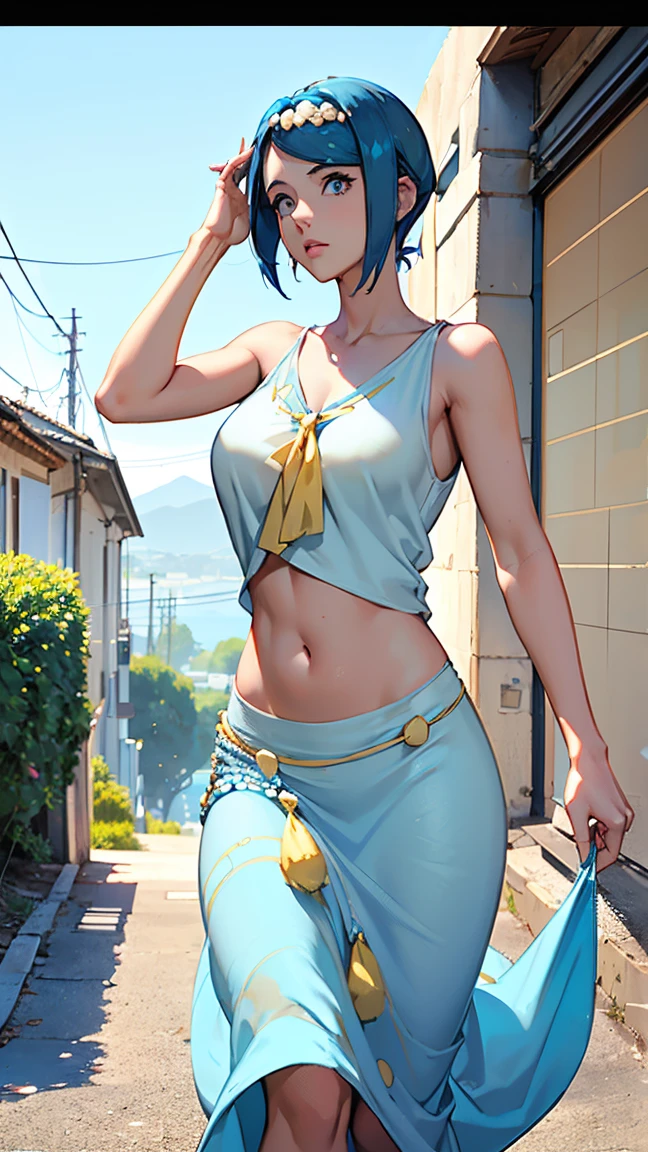 A sexy girl, beautiful beauty, light blue hair, her big round blue eye, light pink lip, she wears a white sleeveless shirt, shows her navel, and a long blue skirt with a long heel, black hair, wearing a pussy, ((((toma desde atras))) (((de espaldas a la camara)))