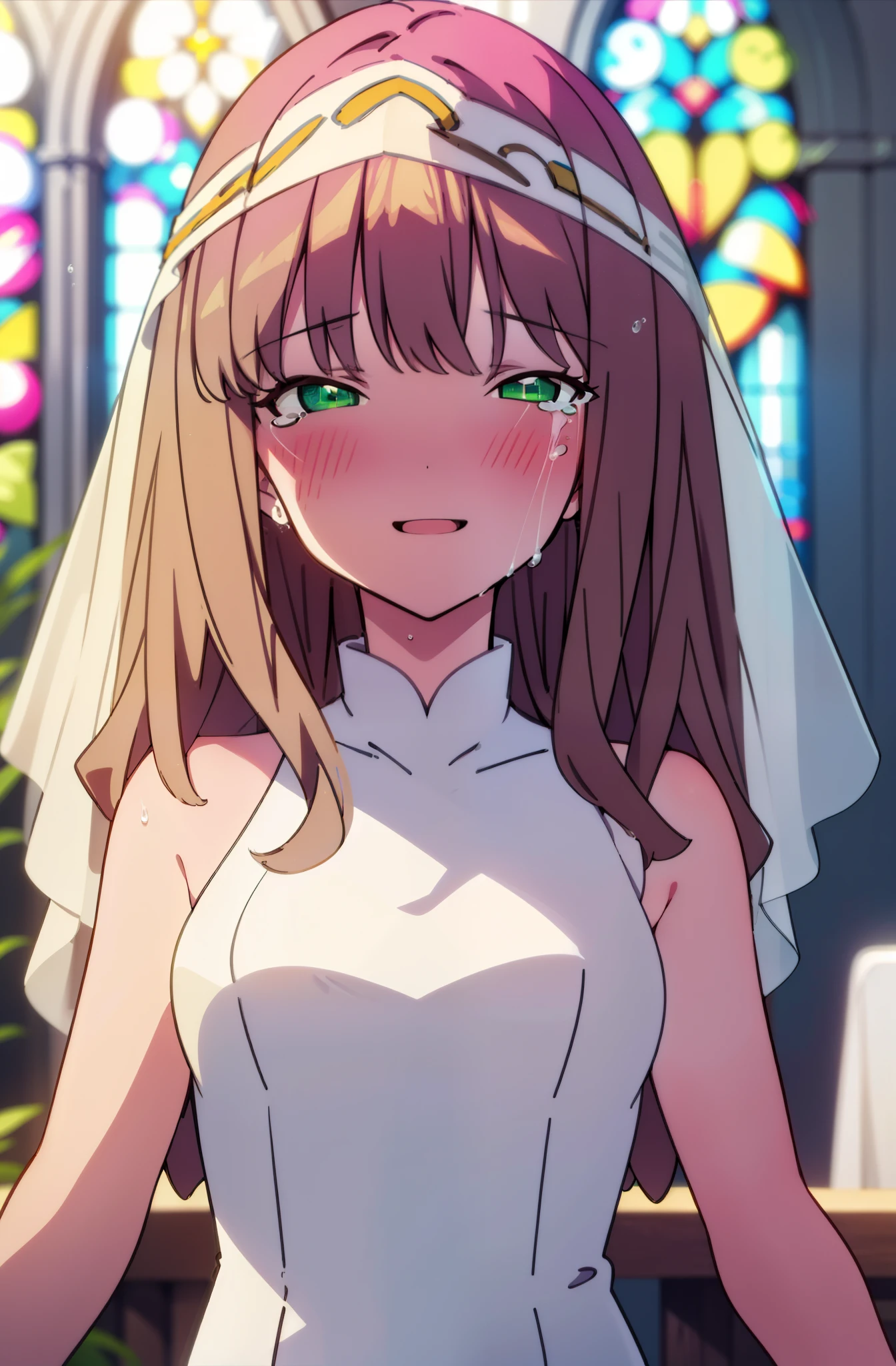 minami yume ,sss Dynazenon ,Long Hair, Brown Hair, (Green Eyes:1.5) ,blush,happy smile, smile, Open your mouth,Wedding dress,Veil,bouquet,Close both eyes,Tears stream down her face,Tears of joy,I cry a lot,　　　　　　　　　　　　 
 break looking at viewer, Upper Body,(Cowboy Shot:1. 5) 　　　　　　　　　　　　　　　　　　　break indoors, Chapel,church, 　　　　　　　　　　　break (masterpiece:1.2), Highest quality, High resolution, unity 8k wallpaper, (shape:0.8), (Beautiful attention to detail:1.6), Highly detailed face, Perfect lighting, Highly detailed CG, (Perfect hands, Perfect Anatomy),