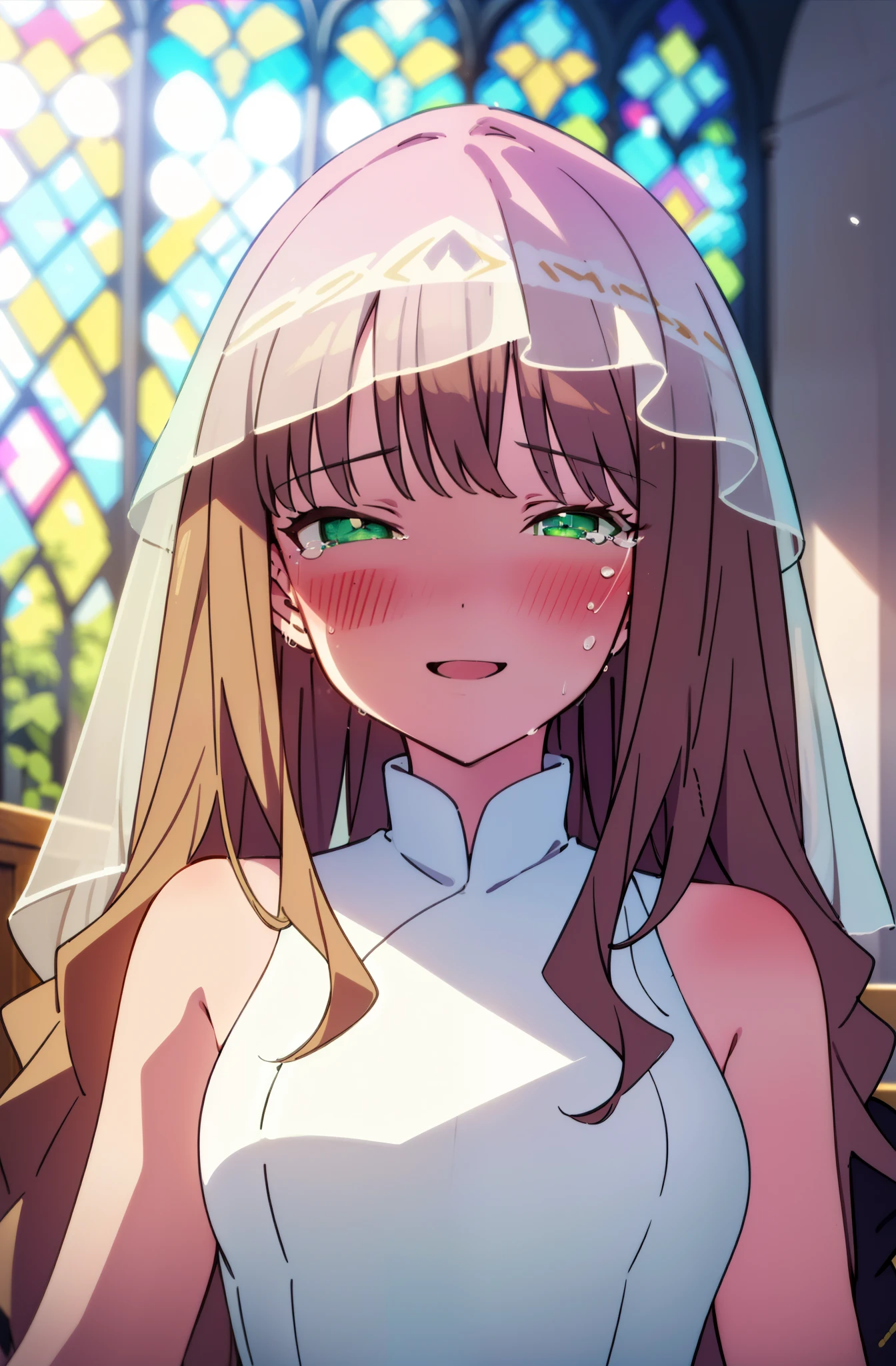minami yume ,sss Dynazenon ,Long Hair, Brown Hair, (Green Eyes:1.5) ,blush,happy smile, smile, Open your mouth,Wedding dress,Veil,bouquet,Close both eyes,Tears stream down her face,Tears of joy,I cry a lot,　　　　　　　　　　　　 
 break looking at viewer, Upper Body,(Cowboy Shot:1. 5) 　　　　　　　　　　　　　　　　　　　break indoors, Chapel,church, 　　　　　　　　　　　break (masterpiece:1.2), Highest quality, High resolution, unity 8k wallpaper, (shape:0.8), (Beautiful attention to detail:1.6), Highly detailed face, Perfect lighting, Highly detailed CG, (Perfect hands, Perfect Anatomy),