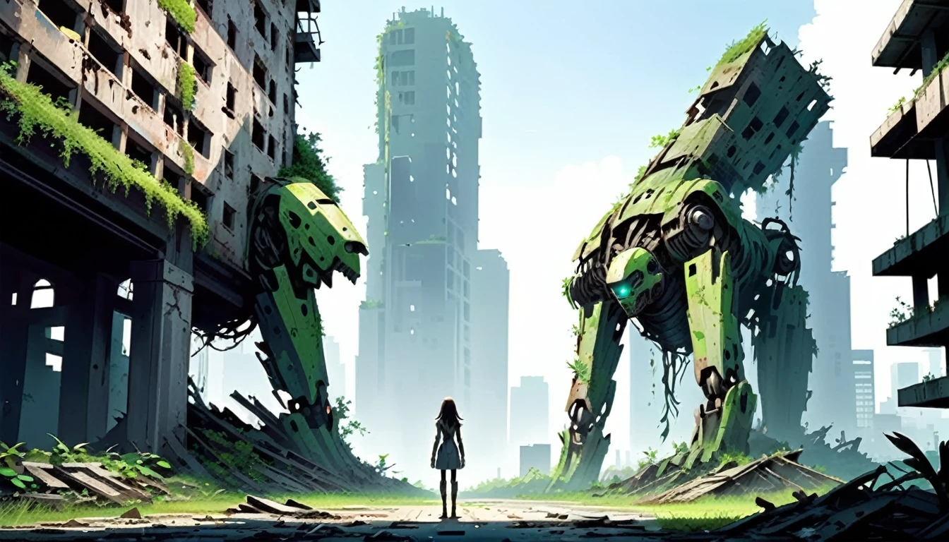 A ruined city of the future、The people disappeared。In this place that was destroyed tens of thousands of years ago、Overgrown with vegetation。In the center of the city, a collapsed building stands tall.、In the shadow, a humanoid android（woman）Standing quietly。She&#39;s not in front of the camera、It stands as if it blends into the desolate landscape.。Her expression is somewhat sad、It seems to be the only thing standing in this ruin.。