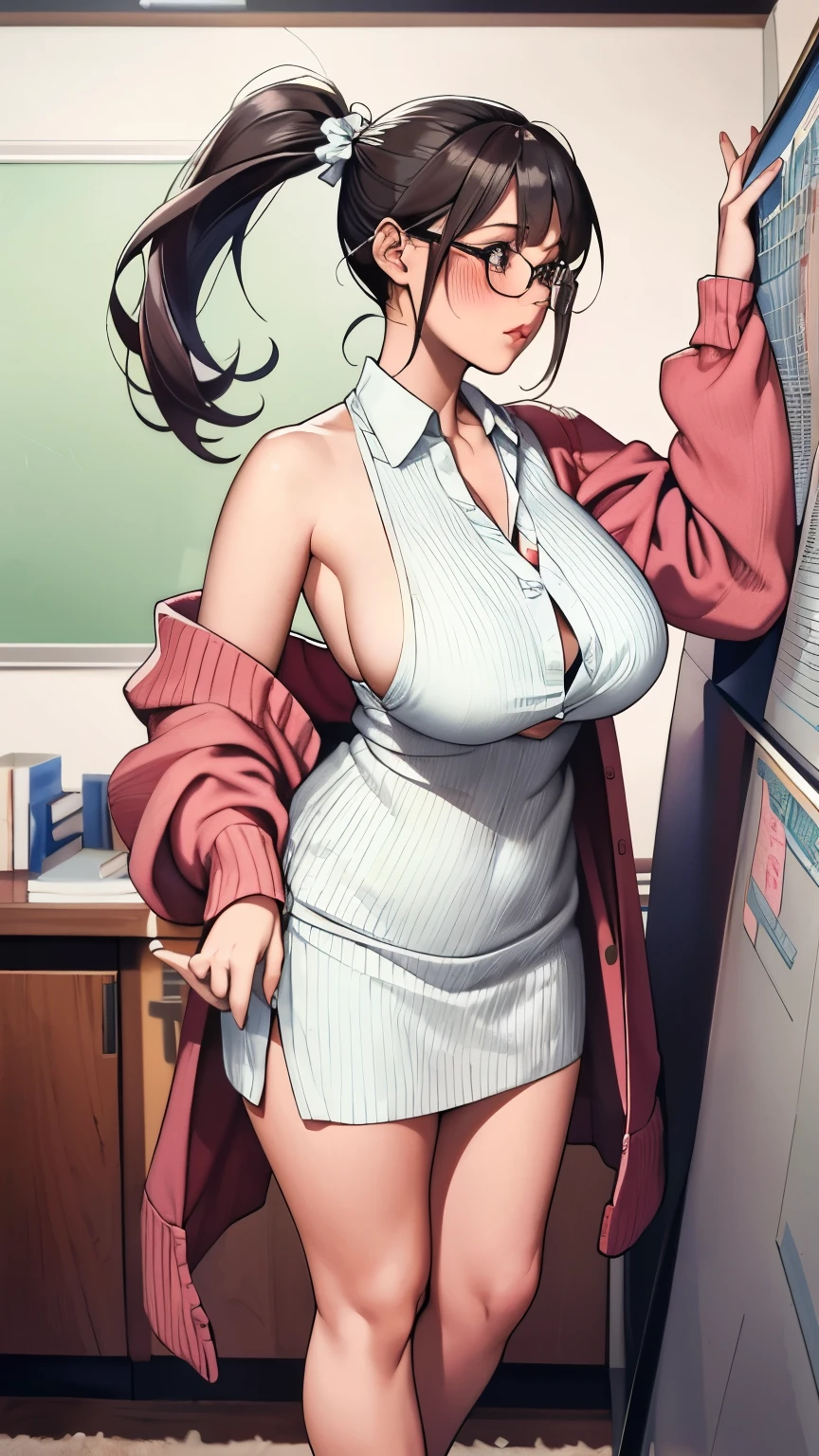 detailed face, girl、low-ponytails、red blush, loose cardigan, shoulder, side boob, teacher,  Super big breasts、perfect-composition、top-quality、ultra-detailliert、​masterpiece、realisitic、Full Body Standing, glasses, books, front class, white board