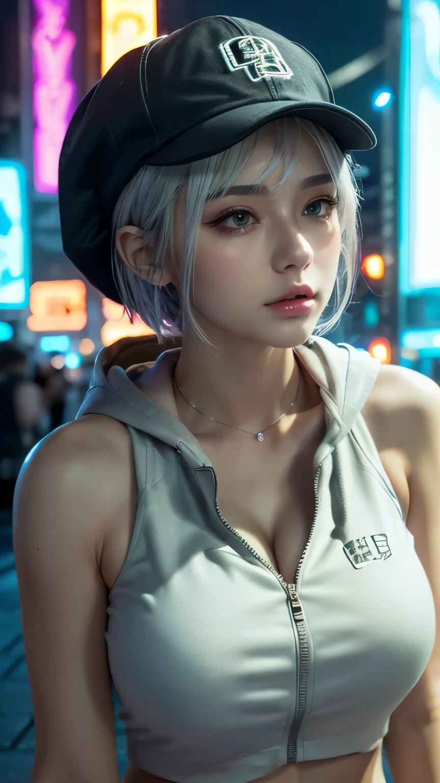 masterpiece, Highest quality, Very detailed, 8k, Realistic, One Girl, alone, Tomboy, Very detailed face, (head shot:1.5), Cyberpunk neon lit futuristic city、Neon lights illuminate the scene, at night, Cyberpunk art, 32K, Ultra HD, Unreal Engine Rendering, Cinema Lighting,Pixie cut white hair, He is wearing a short tank top and an open-zipped hoodie.....,I can see your chest,Nice ass,Wear a New Era cap
