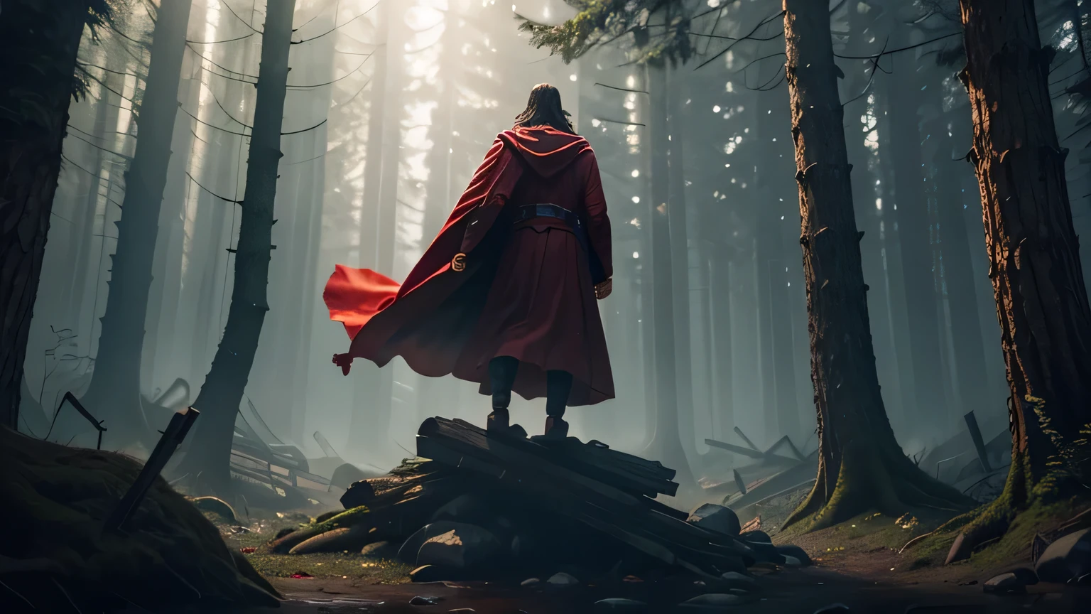 jesus crucified WHITH RED CAPE on a wooden cross  . C., with a light brown cloak, about 50 years old, throwing brown rock with his hand, in a dark and mysterious forest at night, movement scene in the forest, changing lighting, hyperrealistic, cinematic lighting,