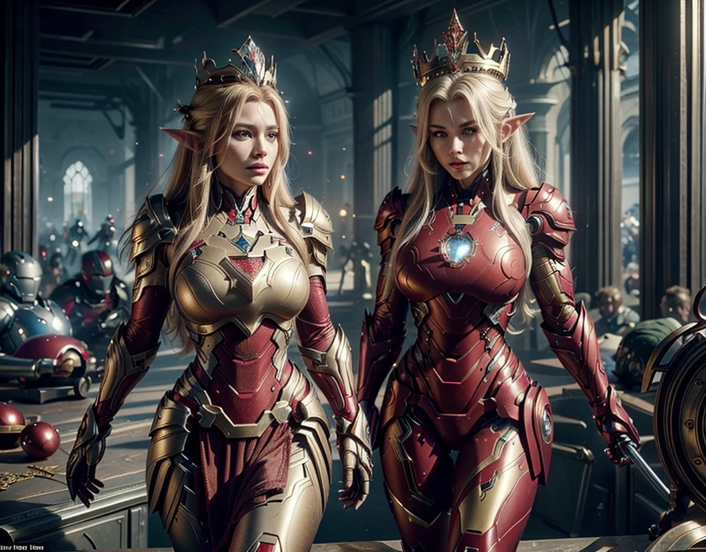 (Create a hyper-realistic masterpiece, the character (hard drive) is rendered in stunning 16K resolution, cinematic and intricate textures. Increase the intensity of the scene. seeing from afar from the boots to her beautiful looking elf crown, hips, legs, boots, full body, with long white hair, with a queen's crown. her toned body in tight futuristic medieval armor. Iron man style, steel with thick gold details with sparkles on the gold edges. sells her entire body perfectly