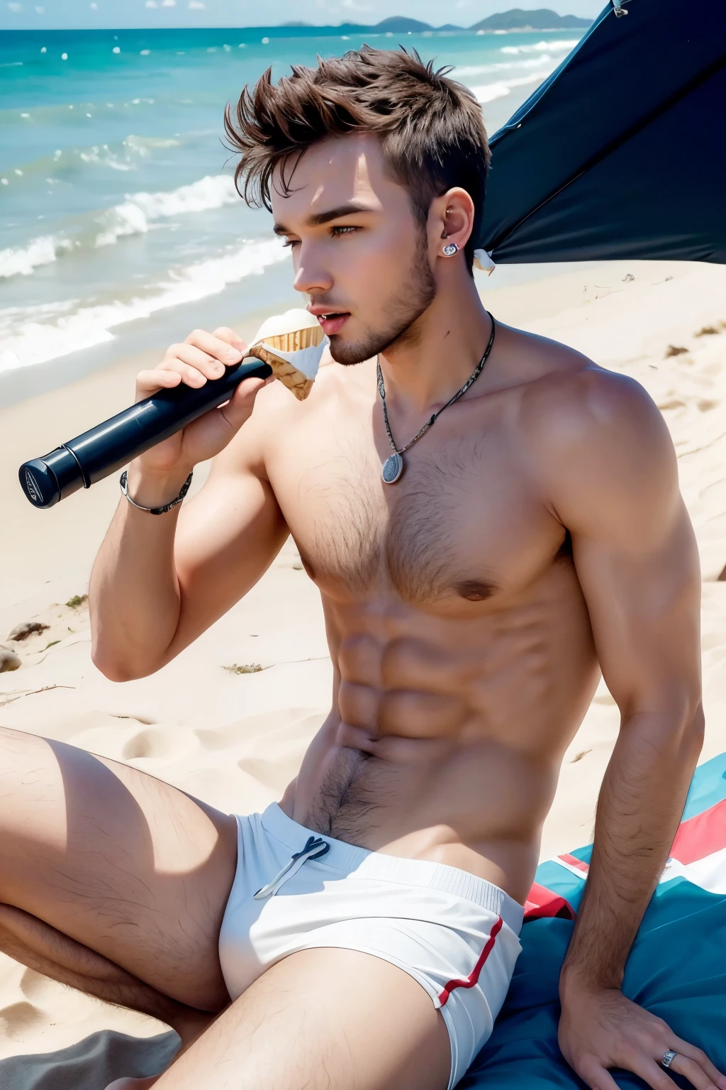 singer Liam Payne, shirtless, on the beach, eating ice cream