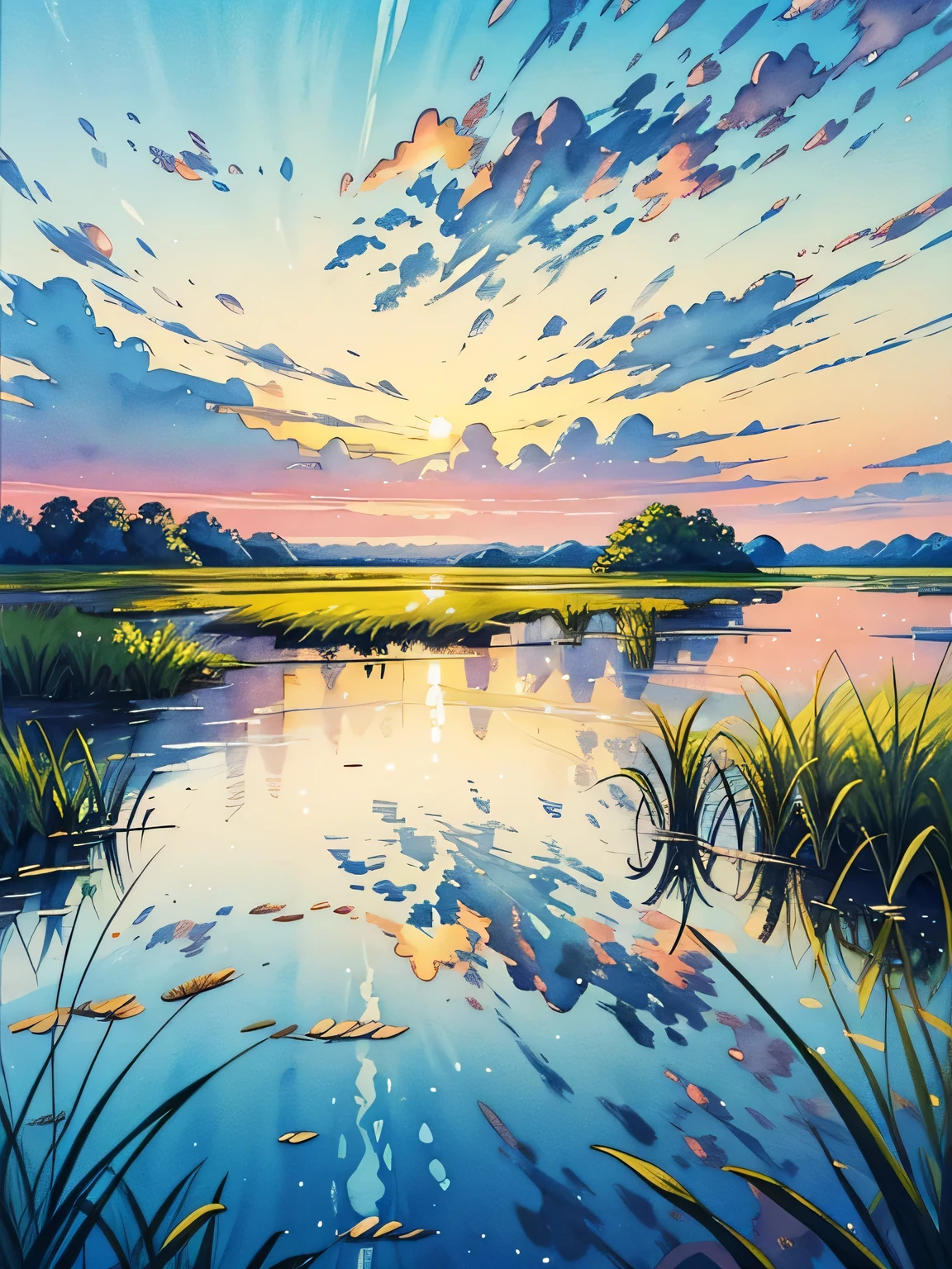 a painting of a sunset over a body of water, phragmites, vibrant gouache painting scenery, marsh vegetation, small reeds behind lake, flat water color texture, detailed gouache paintings, nature journal cover, reed on riverbank, tall grass, watercolor landscape, watercolor colored painting, landscape painting, scenery artwork, swamp landscape, watercolor painting style, scene from louisiana swamps