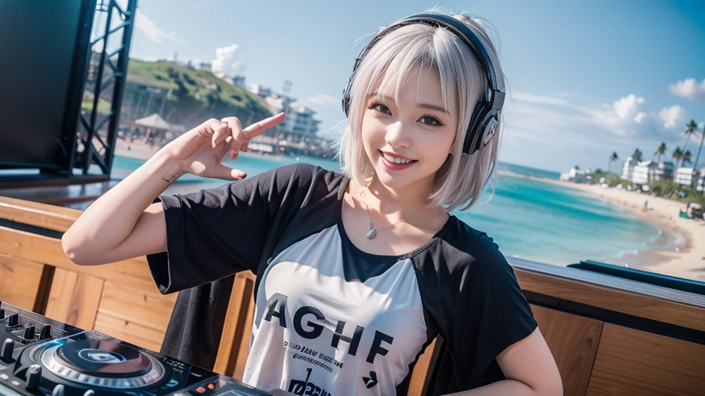 (ultra - detailed, 16K resolution, Cinema lenses, rendering by octane), (high resolution:1.18), intricate detail, (masterpiece:1.1), (highest quality:1.1), (1girl, portrait, white hair, blue eyes, short hair, detailed eyes),Wearing silver DJ headphones, sequined T-shirt, (in the beach:1.5), (Iconic hip-hop pop costumes:1.3), Smile while DJing on stage, DJ studio next to the beach, ((A stylish DJ stage on a hill overlooking the beach)), full body shot, Photorealistic photography by Sunshine, (cute round face:1.3), perfect fingers, five fingers, beautiful hands, perfect hands. master peace, cute smile, Fixhand.