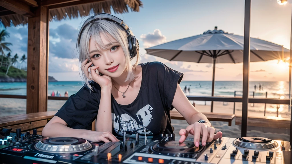 (ultra - detailed, 16K resolution, Cinema lenses, rendering by octane), (high resolution:1.18), intricate detail, (masterpiece:1.1), (highest quality:1.1), (1girl, portrait, white hair, blue eyes, short hair, detailed eyes),Wearing silver DJ headphones, sequined T-shirt, (in the beach:1.5), (Iconic hip-hop pop costumes:1.3), Smile while DJing on stage, DJ studio next to the beach, ((A stylish DJ stage on a hill overlooking the beach)), full body shot, Photorealistic photography by Sunshine, (cute round face:1.3), perfect fingers, five fingers, beautiful hands, perfect hands. master peace, cute smile, Fixhand.