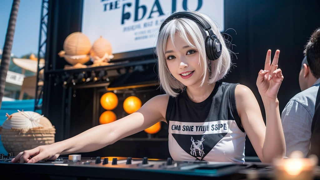 (ultra - detailed, 16K resolution, Cinema lenses, rendering by octane), (high resolution:1.18), intricate detail, (masterpiece:1.1), (highest quality:1.1), (1girl, portrait, white hair, blue eyes, short hair, detailed eyes),Wearing silver DJ headphones, sequined T-shirt, (in the beach:1.5), (Iconic hip-hop pop costumes:1.3), Smile while DJing on stage, DJ studio next to the beach, ((A stylish DJ stage on a hill overlooking the beach)), full body shot, Photorealistic photography by Sunshine, (cute round face:1.3), perfect fingers, five fingers, beautiful hands, perfect hands. master peace, cute smile, Fixhand.