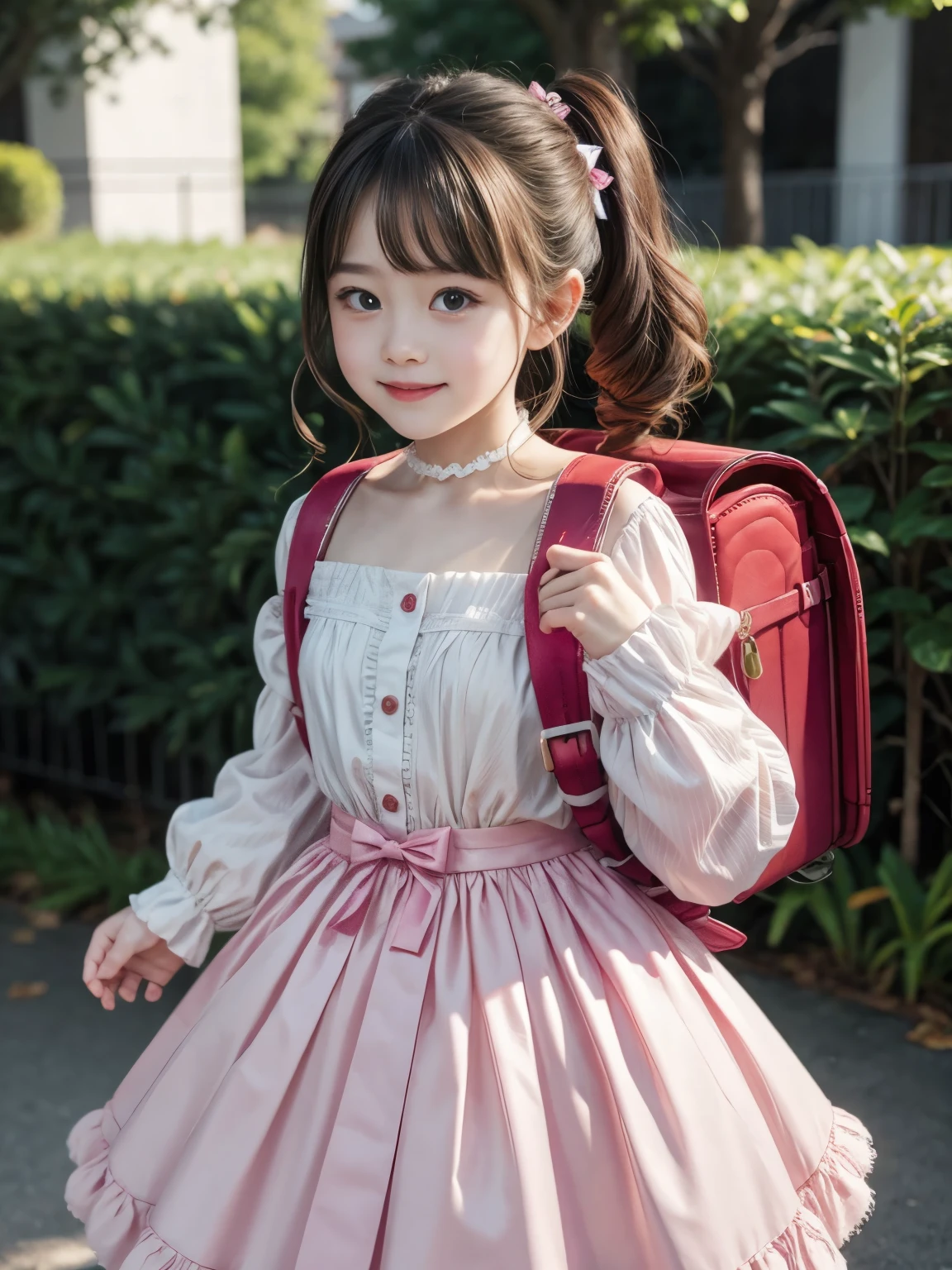(highest quality、masterpiece、8K、best image quality、hyper realism、Award-winning work)、(solo:1.1)、(1 photo:1.1)、(Feminine and girly cute frilly princess dress:1.2)、Masterpiece, hd, 1girl, smiling, medium breasts, long hair curls, bangs, hair between eyes, hair ornament, choker, ribbon, bow, cute dress, long dress, lace, frills, detached sleeves, long sleeves, standing, outdoor, wearing randoseru backpack (backpack:1.2) Masterpiece, hd, realistic, 1girl, beautiful girl, smiling, regal, (princess dress), vibrant, vivid, (bows), blonde hair, ponytail, wearing backpack, (backpack:1.2)