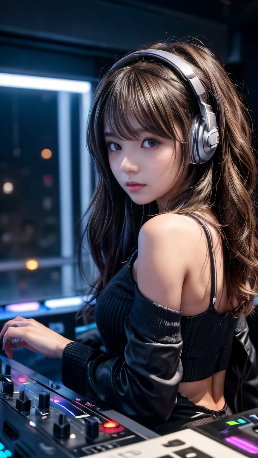 ((DJ girl at nightclub, Super popular DJ player, Enjoy operating DJ equipment:1.2)), (beautiful girl, Baby Face:1.5, Cute Face), Perfect Style, ((Detailed eyes and face, Professional photography techniques, Cinema Lighting)), Fine hand, (Highest quality, 8k, masterpiece:1.2, RAW Photos), (reality:1.4), Displaying the viewer, Focus on the venue, Wear headphones, short hair, ((Wavy Hair)), (Stylish clothing)