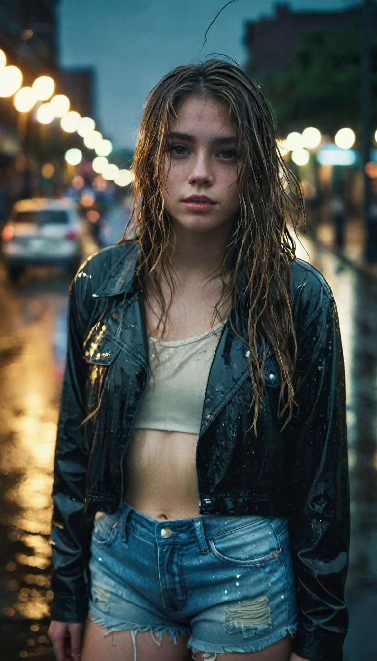 1girl,solo,long hair,rough skin,(viewing viewer:1.2),wet hair,micro_shorts,dark,polaroid,(depth_of_field:1.5),rainy day,outdoors,street,hair between the eyes,gloomy lighting,effects Tyndall, Cinematic Lighting, night, lamp post, lens flare, available lights, rim lights, neon lights, curved, indonesian style,