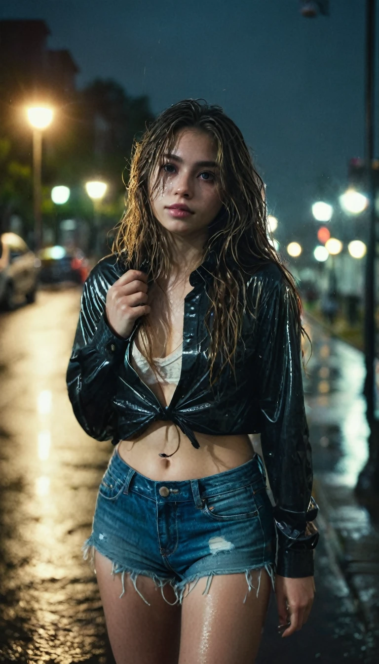 1girl,solo,long hair,rough skin,(viewing viewer:1.2),wet hair,micro_shorts,dark,polaroid,(depth_of_field:1.5),rainy day,outdoors,street,hair between the eyes,gloomy lighting,effects Tyndall, Cinematic Lighting, night, lamp post, lens flare, available lights, rim lights, neon lights, curved, indonesian style,