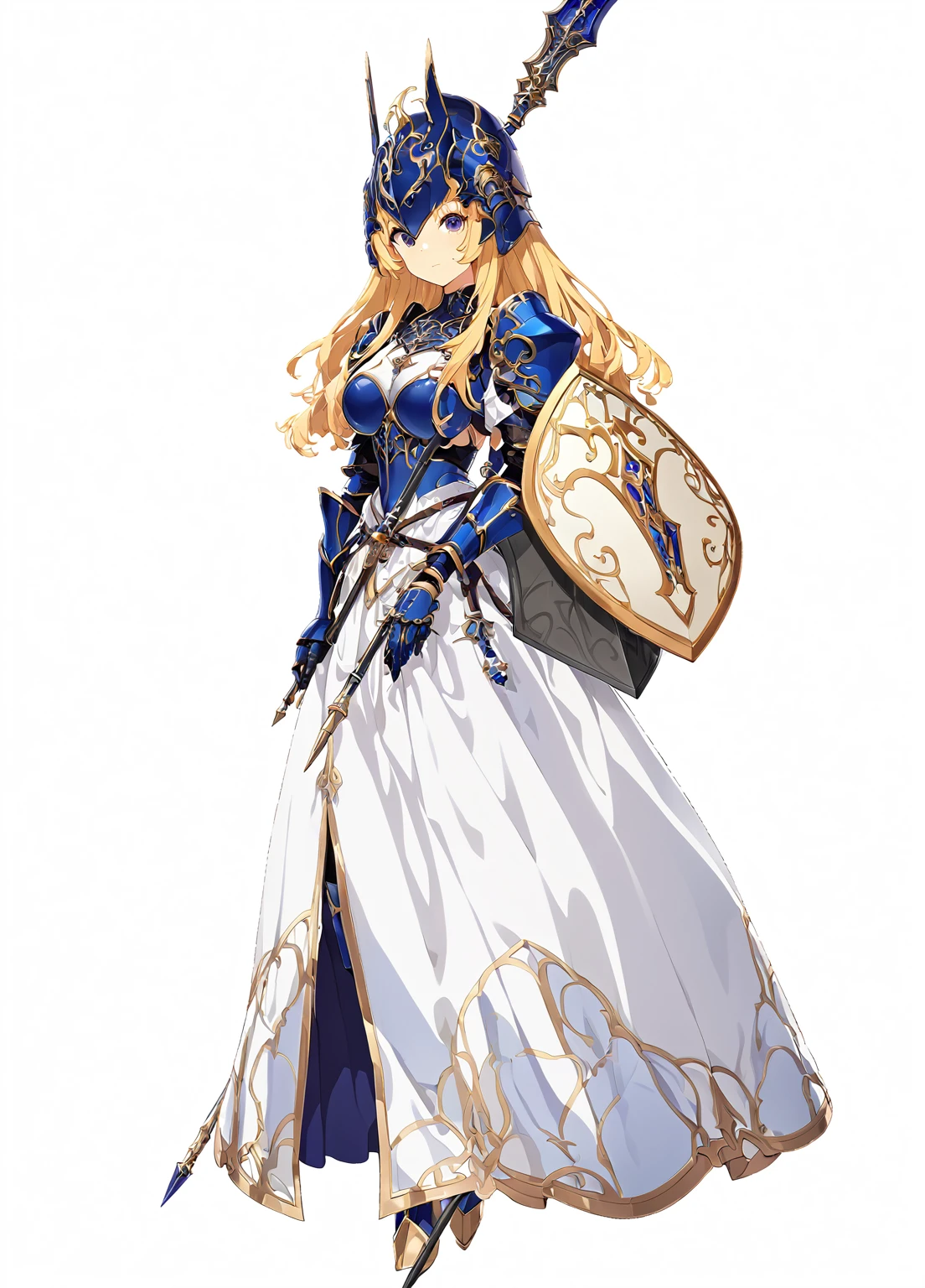 high quality, high resolution, high qualityのゲームアートスタイル, whole body,valkyrie,perfect hand,Official Art, Smooth game CG art, Visual Novel Sprites, White background,Smooth game CG art, (((Woman with a long spear))),Woman wearing a white dress and blue armor, An intricately designed helmet with white feathers,Small shield, (((In his right hand he holds an elaborate long spear))),Exquisite Blue Armor,Golden Hair, long hair, female knight, Rin々Shii,Large Bust,20-year-old,