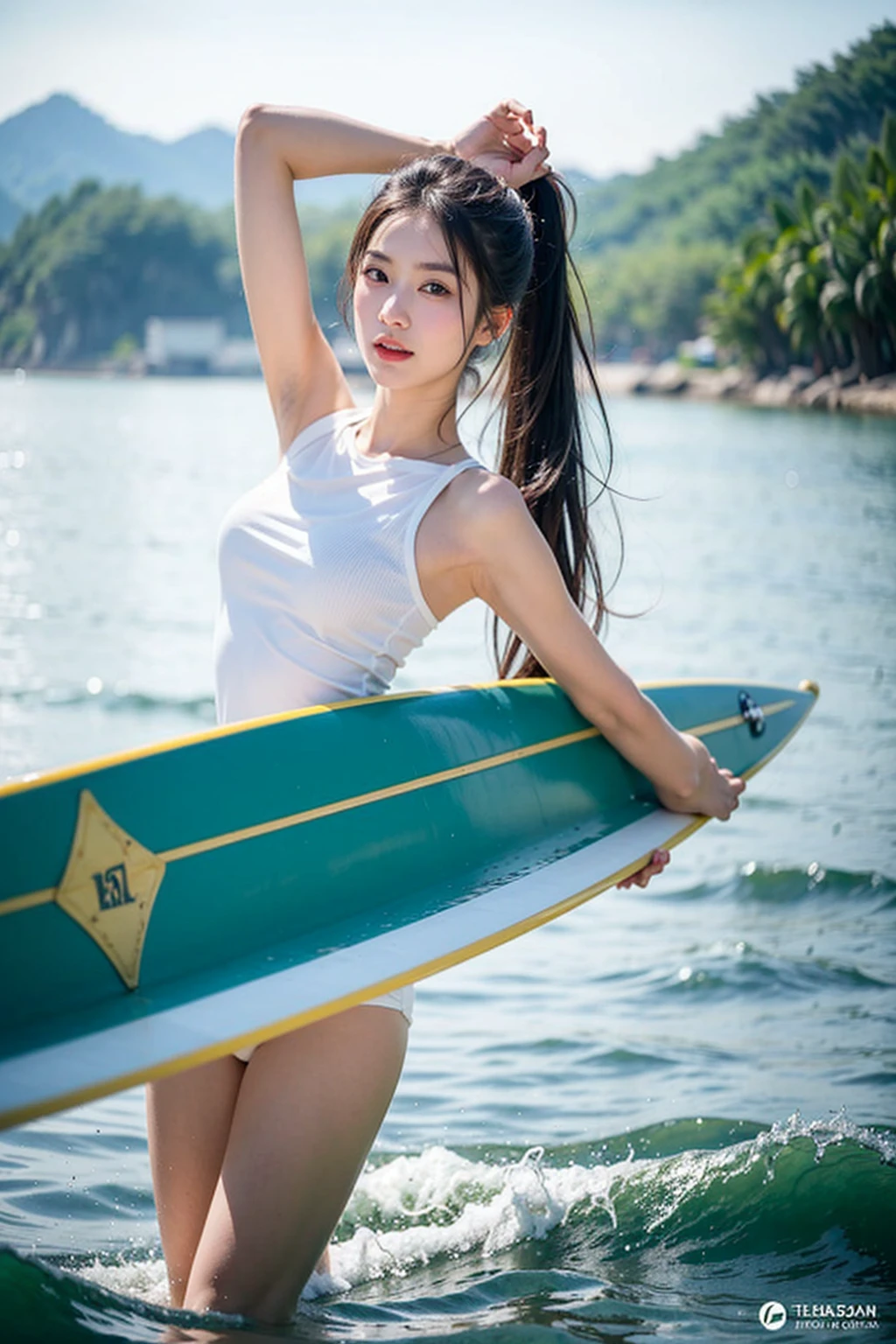 8k,high quality,photo,A Japanese and Korean girl in the beautiful sea in summer,Surfing while standing on a surfboard,graceful posture,Eyes facing the camera,Slim figure,Exquisite white and delicate skin texture,Tied with a refreshing ponytail,Makeup,The focus of the picture is to show that the girl has beautiful double eyelids and big eyes,Smoothly pointed chin,His expression looks very happy and enjoying it,The screen only shows the upper body,The hand posture and number of fingers conform to the logic of the real human body,portrait,The shooting lens is 3.5mm