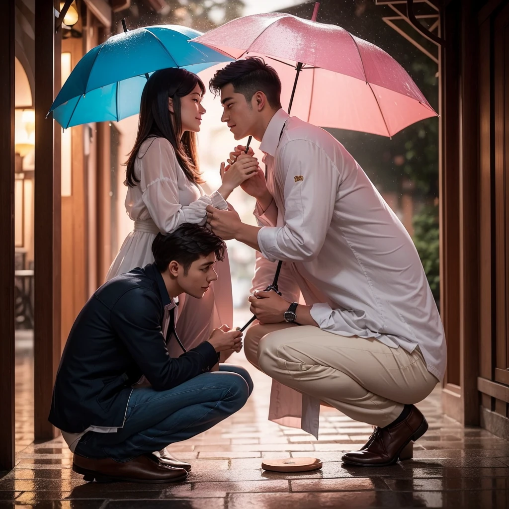 there is a man kneeling down next to a woman holding an umbrella, lovely couple, romantic couple, very beautiful photo, attractive girl, with lovely look, couple pose, profile pic, boy girl traditional romance, with beautiful colors, romantic scene, attractive photo, emotional picture, couple, colorful hd picure, cute photo, realistic picture, cute beautiful, very beautiful girl