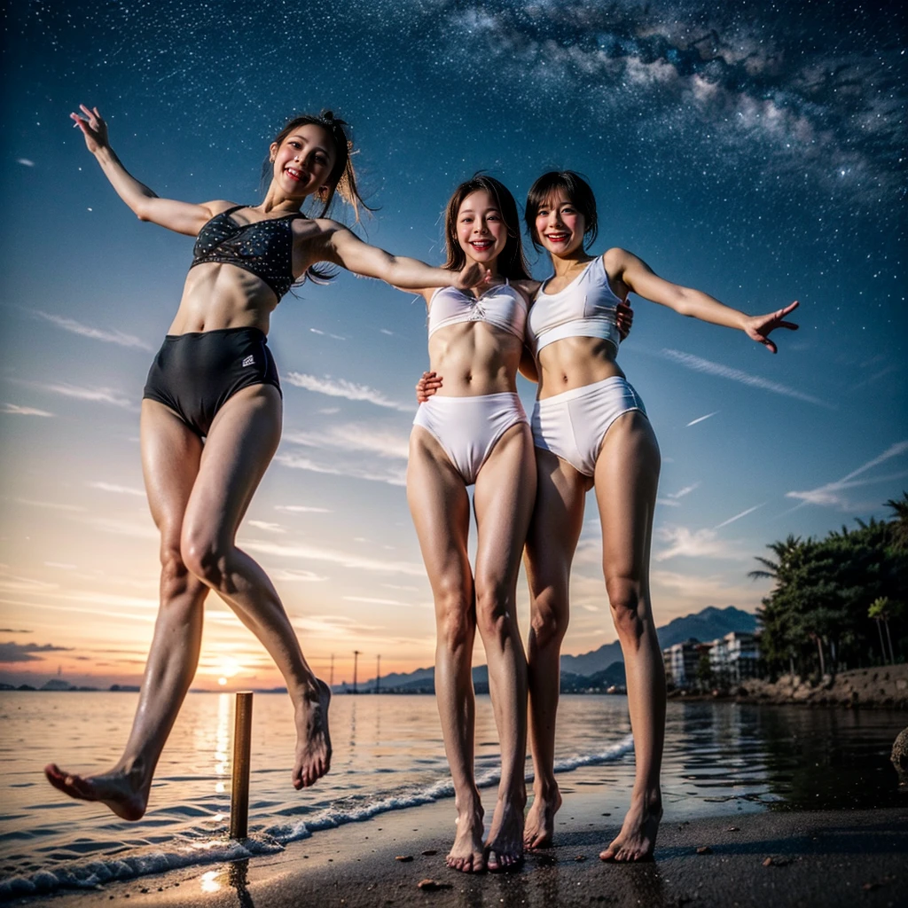  Masterpiece of ProfessionalPhoto ((ExtremelyDetailed (12 PICHIPICHI KAWAII Girls Floating in The Air in a row:1.37) in WHITE at Dusk Enoshima Beach)), {(Standing Full Body:1.2)|(from below:1.2)|Detailed KAWAII face}, Different types of hair colors, {(skinny(school swimwear))|(SchoolUniform)with Skinny AthleticShorts}, {(Corrected Childish hand)|Hidden hand|Different types of breasts|(Clearly Visible the shape of Butt)}, Joyful Expressions LifeLike Rendering, PerfectLighting, (Dazzling Horizon Visible through ThighGap), (Starry IridescentParticles:1.22) ColorfulClouds