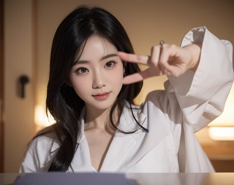 masterpiece,best quality,4k,(cowboy shot), 1girl, (sideways v:1.4), smiling beautiful Japanese female doctor wearing white labcoat over scrubs, sitting, beautiful detailed face, black hair, pale skin, realistic skin, detailed cloth texture, detailed hair texture, Perfect proportion, accurate, Anatomically correct, Highly detailed face and skin texture, modern hospital bed, photorealistic, looking at looking at viewer,(cowboy shot), 1girl, (sideways v:1.4), smiling beautiful Japanese female doctor wearing white labcoat over scrubs, sitting, beautiful detailed face, black hair, pale skin, realistic skin, detailed cloth texture, detailed hair texture, Perfect proportion, accurate, Anatomically correct, Highly detailed face and skin texture, modern hospital bed, photorealistic, looking at viewer