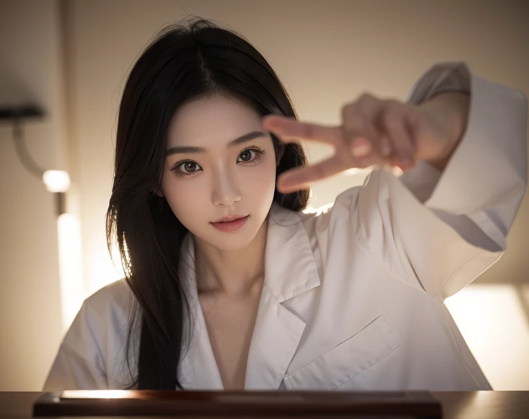 masterpiece,best quality,4k,(cowboy shot), 1girl, (sideways v:1.4), smiling beautiful Japanese female doctor wearing white labcoat over scrubs, sitting, beautiful detailed face, black hair, pale skin, realistic skin, detailed cloth texture, detailed hair texture, Perfect proportion, accurate, Anatomically correct, Highly detailed face and skin texture, modern hospital bed, photorealistic, looking at looking at viewer,(cowboy shot), 1girl, (sideways v:1.4), smiling beautiful Japanese female doctor wearing white labcoat over scrubs, sitting, beautiful detailed face, black hair, pale skin, realistic skin, detailed cloth texture, detailed hair texture, Perfect proportion, accurate, Anatomically correct, Highly detailed face and skin texture, modern hospital bed, photorealistic, looking at viewer