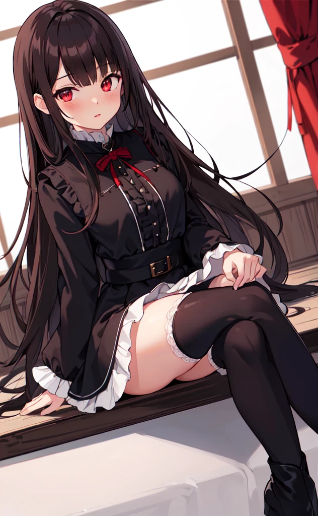 (best quality,high resolution,Beautiful detailed eyes,White lighting:1.2),red eyes, looking at viewer, long hair, black hair, long boots, black footwear, blush, sitting, long sleeves, bangs, parted lips, black hair, dress, knees up, brown hair, white skirt, frills, skirt,thighs, sidelocks,