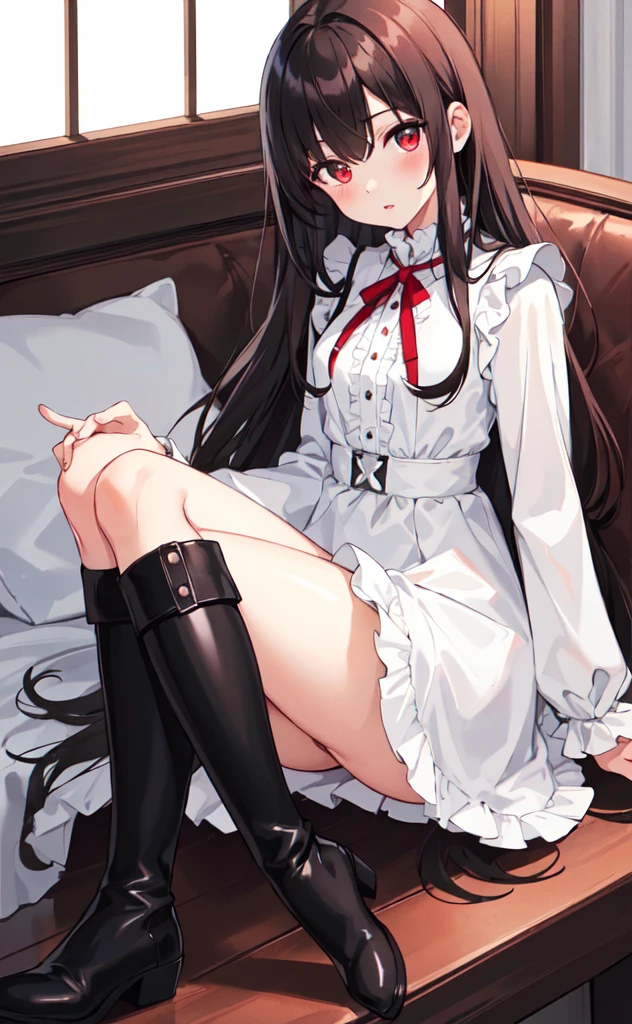 (best quality,high resolution,Beautiful detailed eyes,White lighting:1.2),red eyes, looking at viewer, long hair, black hair, long boots, black footwear, blush, sitting, long sleeves, bangs, parted lips, sexy seductive pose, black hair, dress, knees up, brown hair, white skirt, frills, skirt,thighs, sidelocks, blushing, sitting with her arms holding her breasts with her legs spread wide open and revealing her cameltoe. Partial nudity. 4k. Wlop. Luminous highlight lighting