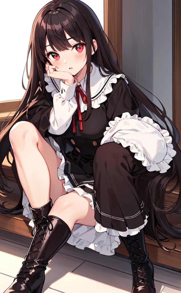 (best quality,high resolution,Beautiful detailed eyes,White lighting:1.2),red eyes, looking at viewer, long hair, black hair, long boots, black footwear, blush, sitting, long sleeves, bangs, parted lips, black hair, dress, knees up, brown hair, white skirt, frills, skirt,thighs, sidelocks,