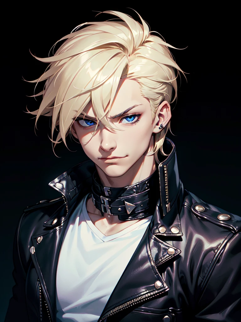 (((Portrait Photo))), He has a Charismatic and Daring Appearance of a Young Boy, with a Lean and Muscular Build that Conveys Strength. His Short, Tousled Light Blonde Hair Adds a Touch of Wildness to His Look, Framing His Face with a Bold and Striking Flair. His Sharp Blue Eyes are Full of Confidence and Determination, Reflecting His Courageous and Fearless Nature. He is Dressed in a Black Leather Jacket Adorned with Silver Studs, Paired with a Simple White T-Shirt, Creating a Style that is Both Rebellious and Stylish. His Expression is Confident and Slightly Defiant, with a Hint of a Smirk, Conveying a Sense of Independence and Bold Charm. (((High Quality, Dark Background))), (((Portrait Photo)))