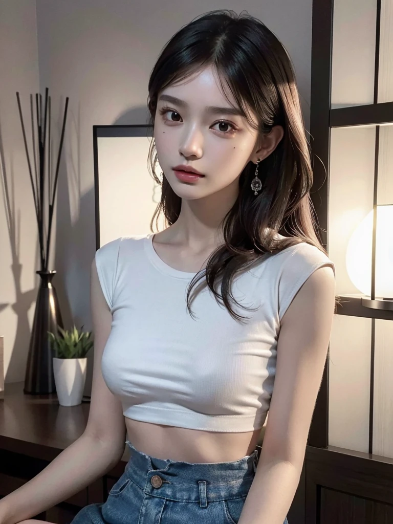 absurdres, RAW photo, extremely delicate and beautiful, masterpiece, Best Quality, ultra high resolution, 32k, hyperrealistic, ultra-detailed, perfect anatomy, super Detailed skin, perfect figure, Super Beauty, Perfect Style, Perfect balance, Beautiful Lighting, Perfect Lightning, Realistic Shadows, 20 years old, very Slim body, narrow waist, very small head, very small face, delicate facial features, handsome detailed woman, very detailed eyes and face, realistic face proportions, Realistic beautiful face, Realistic beautiful eyes, tearful mole, earring, very huge round breasts, legs, medium hair, asymmetrical hair, whole body shot, indoor, ((t-shirt)), crop top, skirt, sleeveless,