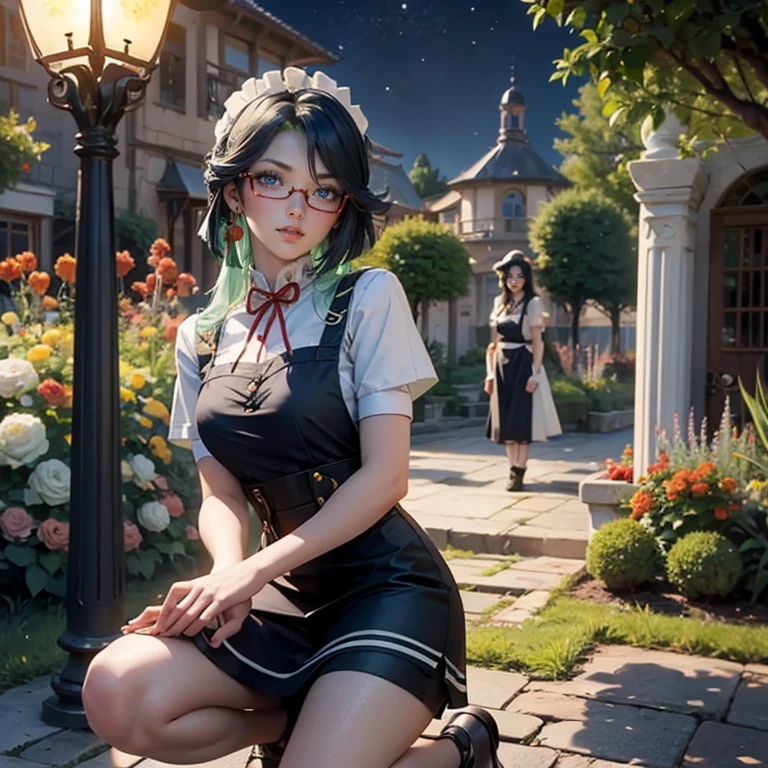 Xianyun_(genshin impact), 1girl, red roses, multicolored hair, black hair, green hair, long hair, glasses, navy short skirt, navy maid dress, skirt with layers, frills, red laces, maid apron, maid headdress, maid style, garter, garden scene, down on her knees, knees on the grass, navy maid dress, maid dress, more details on her clothes, golden details on her clothes, night, smiling, solo, alone, jewelry, oriental garden scenery, white apron, white headdress, maid clothes
