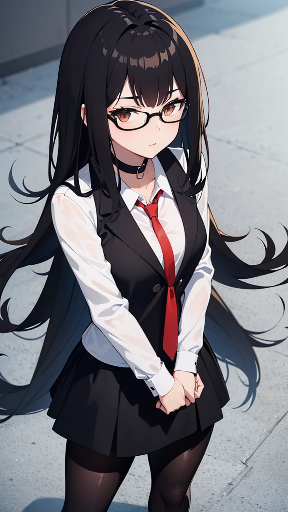anime style, she is a teacher, she has long black hair, she has brown eyes, she is wearing black leggings, she is wearing a black skirt, she is wearing a black coat, she has a white buttoned up long sleeve shirt with a tie, she has medium-sized , she has a medium-sized butt, she has thick thighs, she is skinny but an attractive type of skinny, she wears black heels, she wears black glasses, white background, she has her arms crossed on her chest, she is beautiful.