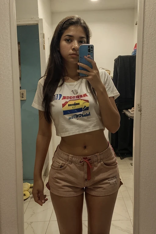 average Venezuelan girl of , five feet tall in shorts, photo taken with the cell phone inside an average house in Venezuela, mirror selfie