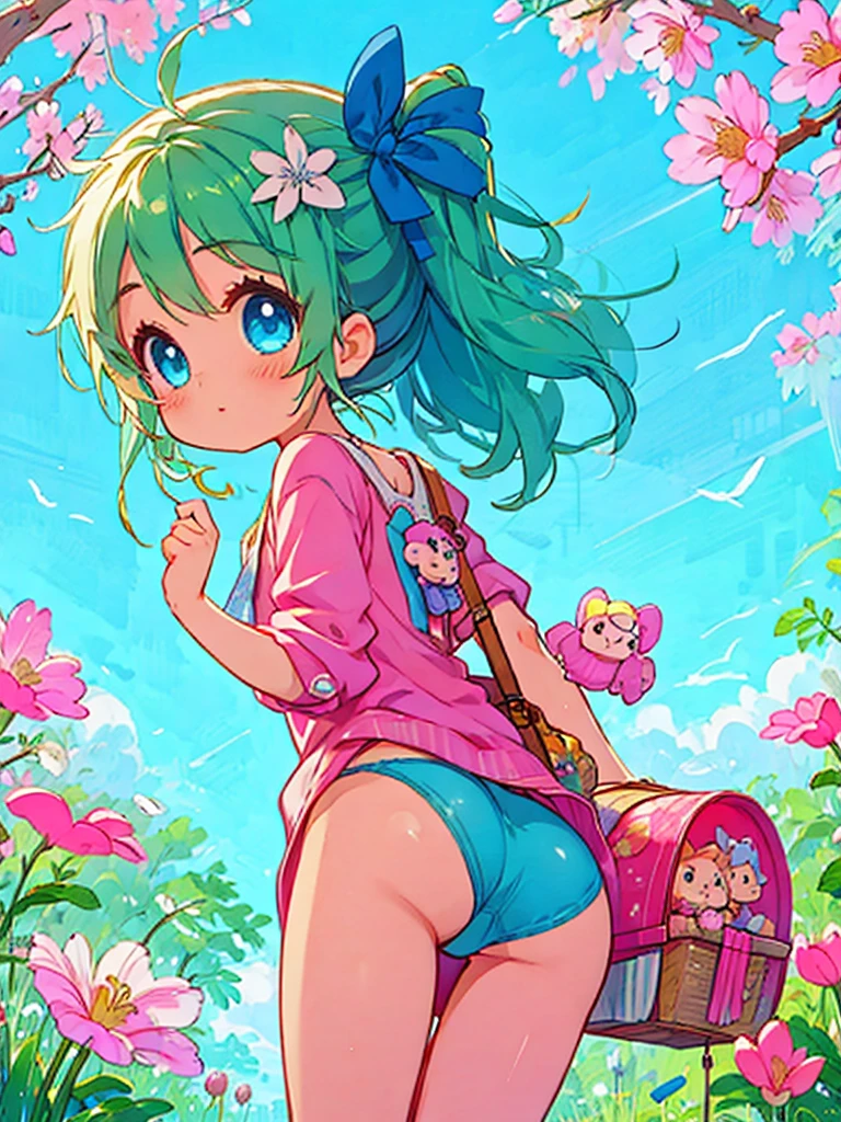Disney Style, back view, most beautiful girl ever、Chibi, beautiful spring afternoon、looking at viewer, sexy thong,  big ass.