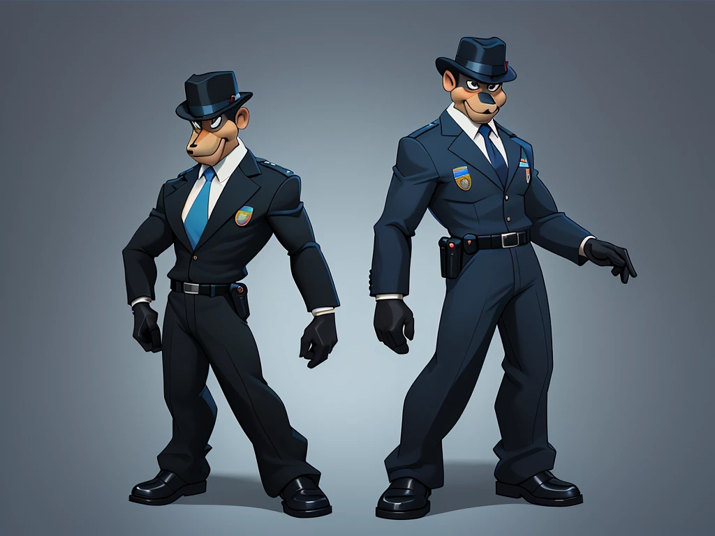 Turnaround Looney Tunes drawing of a man in a tie and a hat with a tie, stealth suit, Security agent, guards, character design police man, character design police man!!, two characters diferentes, guards intricate, two characters, character among us, dark suit, police officers, cartoon image, among us imposter, police, faceless people dark, wearing a police uniformTurnaround sheet estilo Looney Tunes 