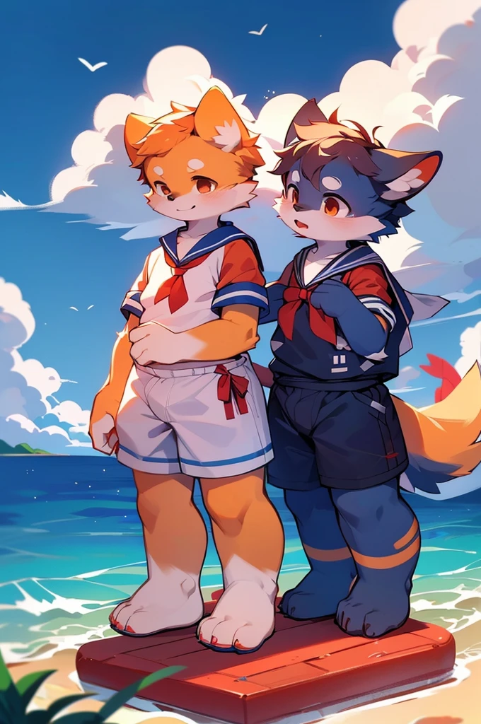Dog Boy,8k resolution,Furry,Highest quality sea,Sailor uniform,Red collar,Two legs,Stand on your feet！