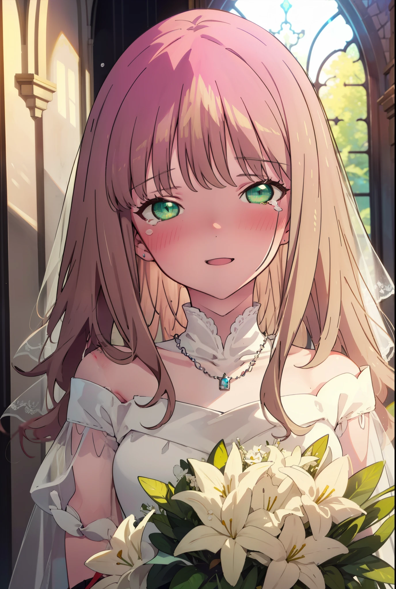 minami yume ,sss Dynazenon ,Long Hair, Brown Hair, (Green Eyes:1.5) ,blush,happy smile, smile, Open your mouth,Off-the-shoulder wedding dresses,necklace,Veil,bouquet,Close both eyes,Tears stream down her face,Tears of joy,I cry a lot,　　　　　　　　　　　　 
 break looking at viewer, Upper Body,(Cowboy Shot:1. 5) 　　　　　　　　　　　　　　　　　　　break indoors, Chapel,church, 　　　　　　　　　　　break (masterpiece:1.2), Highest quality, High resolution, unity 8k wallpaper, (shape:0.8), (Beautiful attention to detail:1.6), Highly detailed face, Perfect lighting, Highly detailed CG, (Perfect hands, Perfect Anatomy),