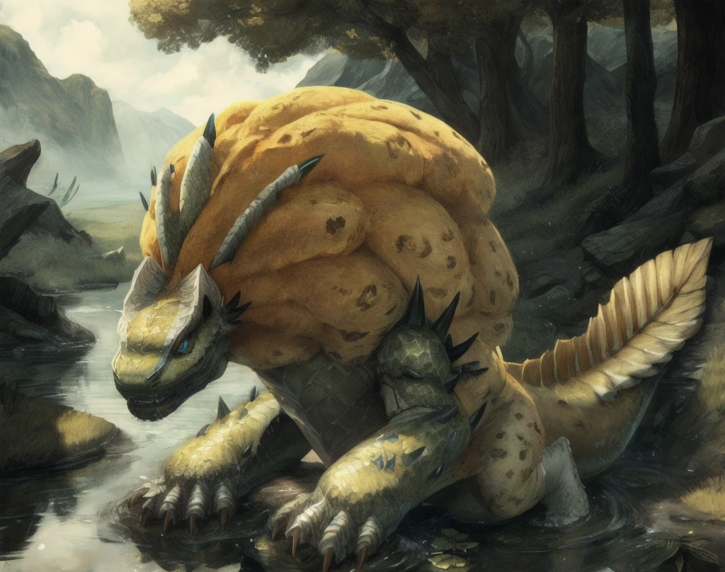 royal ludroth,solo,hi res,soft shading,good anatomy,tail,cinematic lighting,by seraziel,by woolrool,buta99,detailed background,realistic,swamp,blue eyes,red sclera,hands on ground,slit pupils,green accents,white scales, yellow fur,
