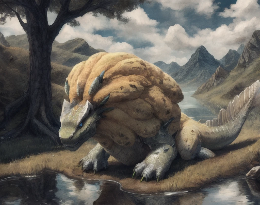 royal ludroth,solo,hi res,soft shading,good anatomy,tail,cinematic lighting,by seraziel,by woolrool,buta99,detailed background,realistic,swamp,blue eyes,red sclera,hands on ground,slit pupils,green accents,white scales, yellow fur,