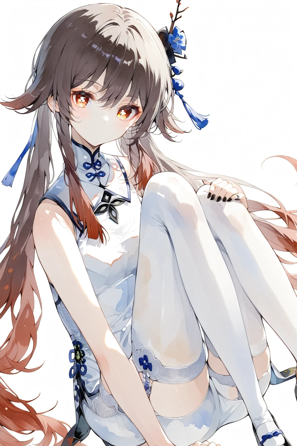 General，watercolor (medium),1girl, hu tao \(genshin impact\), genshin impact，alone, Viewers, Pure white background,，sit，foot，foot底，whole body，full，have no color，angle, masterpiece, best quality，White garter belt，Absolute Domain,cheongsam,