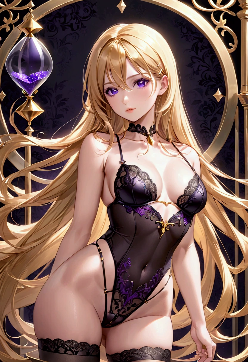 Adult female,long golden hair, purple eyes,hourglass body figure,black full lingerie
