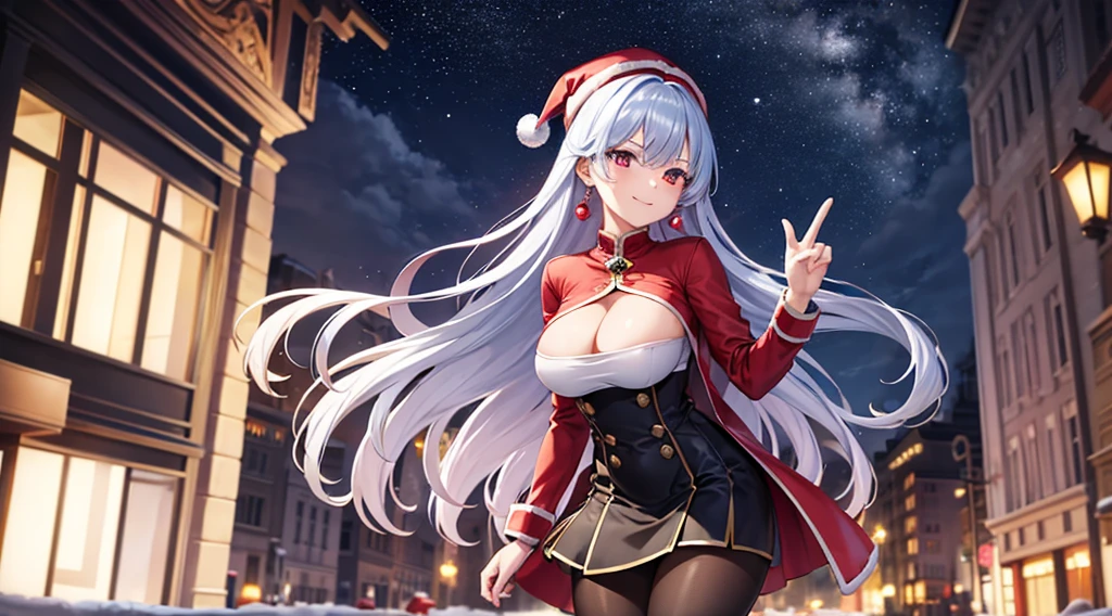 NSFW,masterpiece,Highest quality,High resolution,Very detailed,,Joan of Arc Horta Santa Lily\(Fate/grandorder\),(White Hair),Short Hair,Headpiece,Golden Eyes,Small breasts,Red and white santa costume,Two-tone,White cut-in dress,mini skirt,Black bikini top,Knee socks,Nightlife,In town,Embarrassed,blush,(Lustful face),Molester,sexual harassment,(Prostitute)