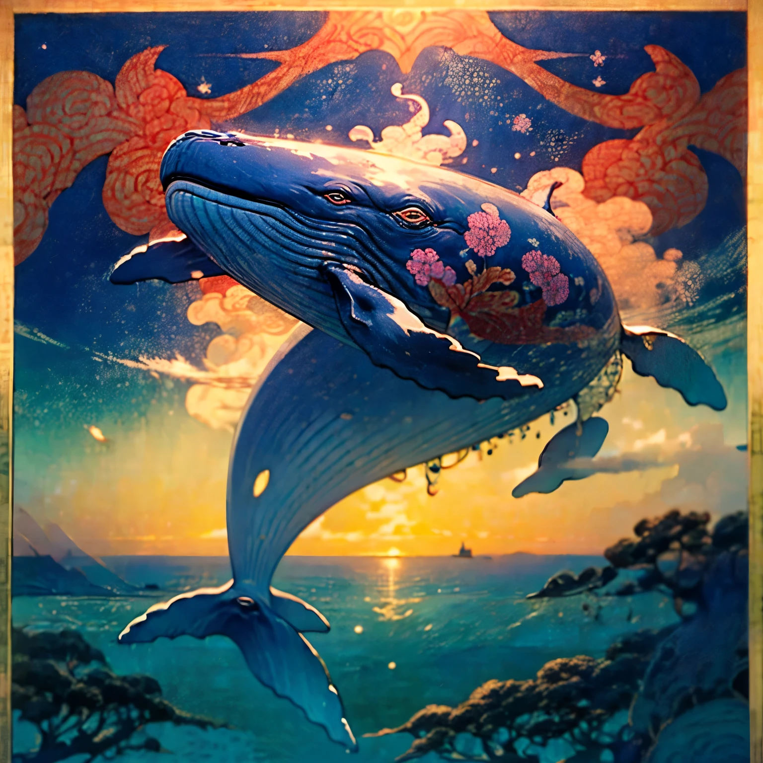 (Ukiyo-e:1.9)、woodblock print、woodblock print、Different space、sf、Space Opera、(Flying Whale:1.5)、Aurora Borealis sky、Detailed face、Beautiful Eyes、Intricate floral pattern、Delicate skin、Natural light、A calming color palette、Soft Focus Star Piece、、Spaceship、alien、night、mynatalee woman、humpback