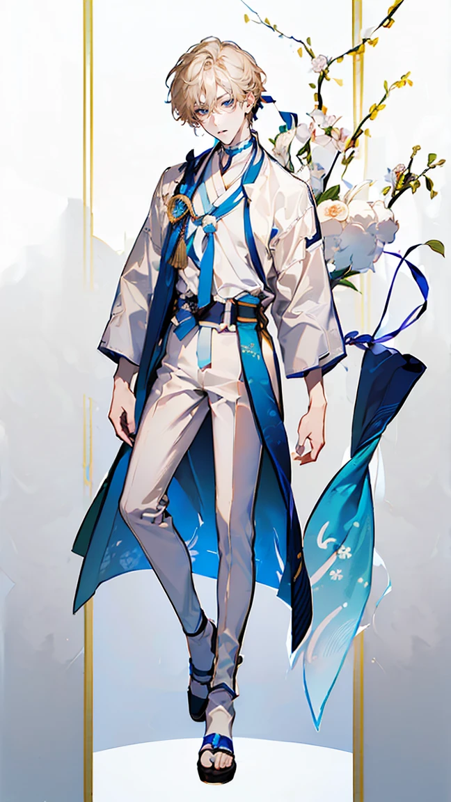 ((full body: 2)),((tachi-e:2.0)), ((UHD, masterpiece, super detail, best quality, highres, 8k)), (detailed line art), perfect face, perfect body, perfect hands, perfect feet.
(Humans, around 20 years old, (1 male), male idol, (simple background, magazine cover style),
gentle atmosphere, standing on the right side, looking this way (light brown hair close to gold, upturned eyebrows, droopy eyes, light blue eyes, thin lips), (male idol style clothing, white top, (dress shirt:1.5), shirt with exposed collarbone, fluffy shirt, ribbon decoration, white pants, high-waisted pants, white belt, white shoes), (ribbon choker, white choker), (angelic atmosphere: 0.5), (facing forward)