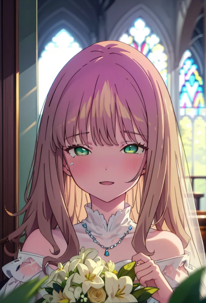minami yume ,sss Dynazenon ,Long Hair, Brown Hair, (Green Eyes:1.5) ,blush,happy smile, smile, Open your mouth,Off-the-shoulder wedding dresses,necklace,Veil,bouquet,Close both eyes,Tears stream down her face,Tears of joy,I cry a lot,　　　　　　　　　　　　 
 break looking at viewer, Upper Body,(Cowboy Shot:1. 5) 　　　　　　　　　　　　　　　　　　　break indoors, Chapel,church, 　　　　　　　　　　　break (masterpiece:1.2), Highest quality, High resolution, unity 8k wallpaper, (shape:0.8), (Beautiful attention to detail:1.6), Highly detailed face, Perfect lighting, Highly detailed CG, (Perfect hands, Perfect Anatomy),